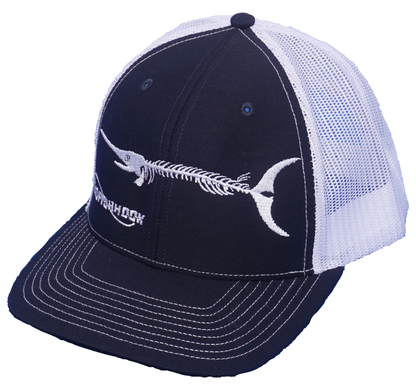 Dead Fish Hook navy with white fish bone logo hat front view