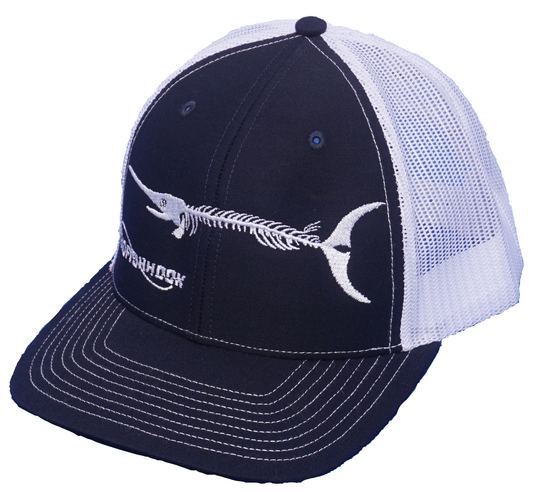 Dead Fish Hook navy with white fish bone logo hat front view