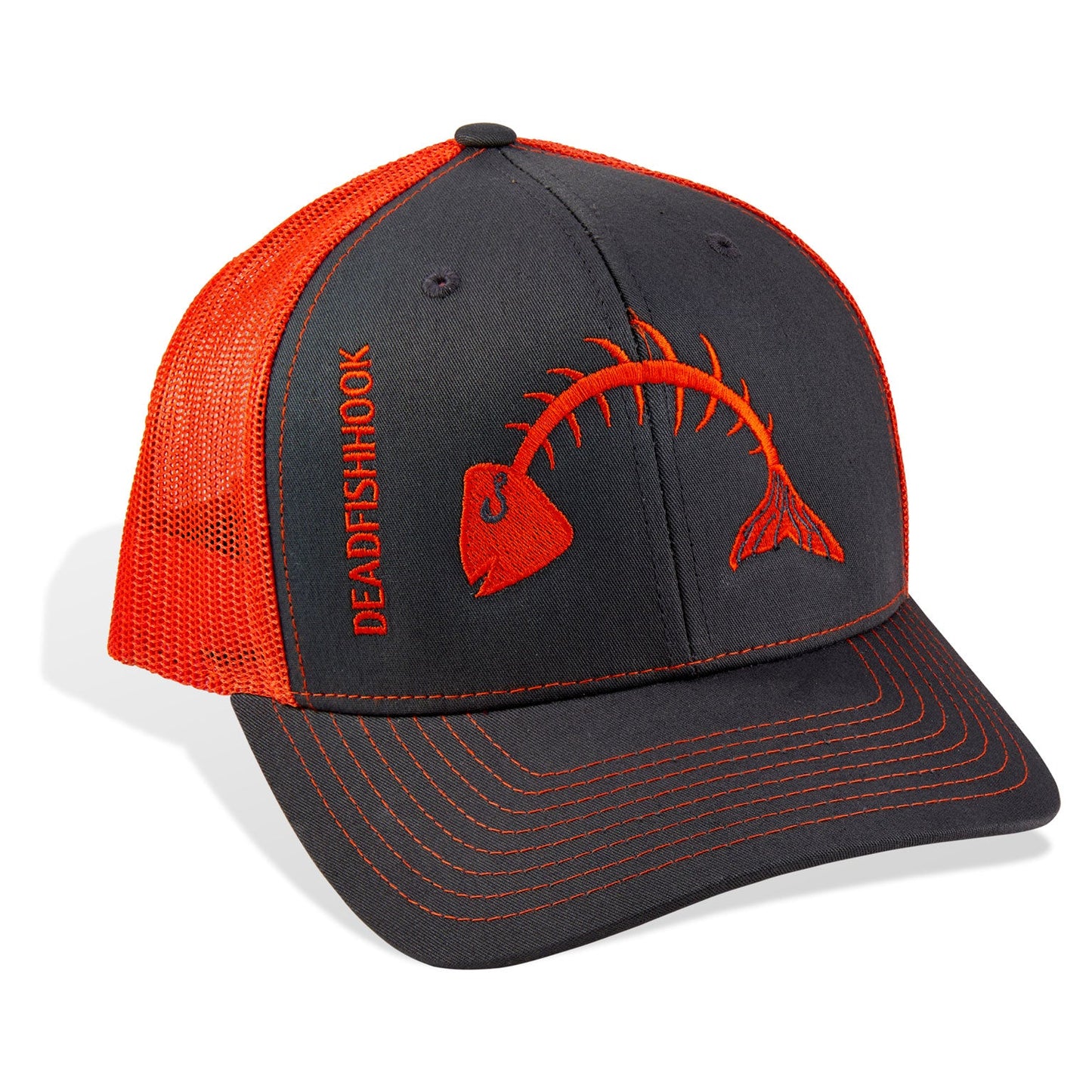 Dead Fish Hook orange and grey fish bone Florida trucker hat with red details front view