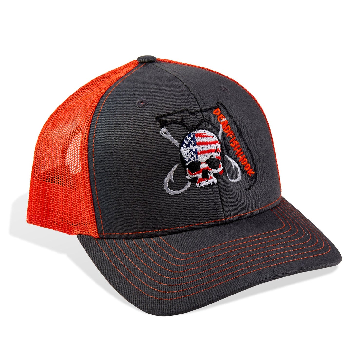 Dead Fish Hook orange and grey patriotic logo Florida trucker hat with red details front view