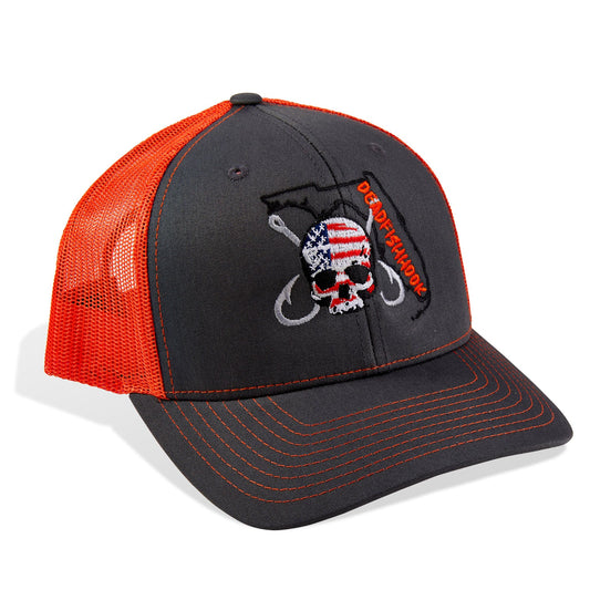 Dead Fish Hook orange and grey patriotic logo Florida trucker hat with red details front view