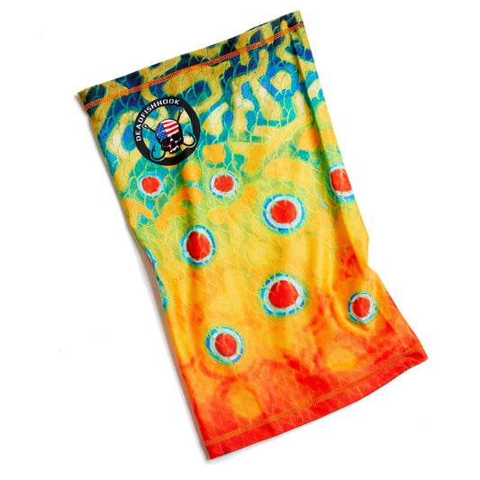 Dead Fish Hook orange and yellow print Neck Gaiter flat 