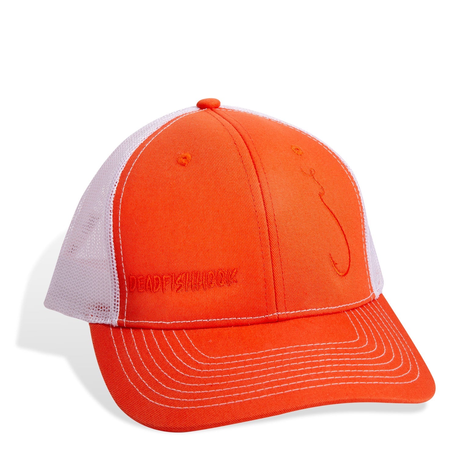 Dead Fish Hook orange trucker had with white details front view 