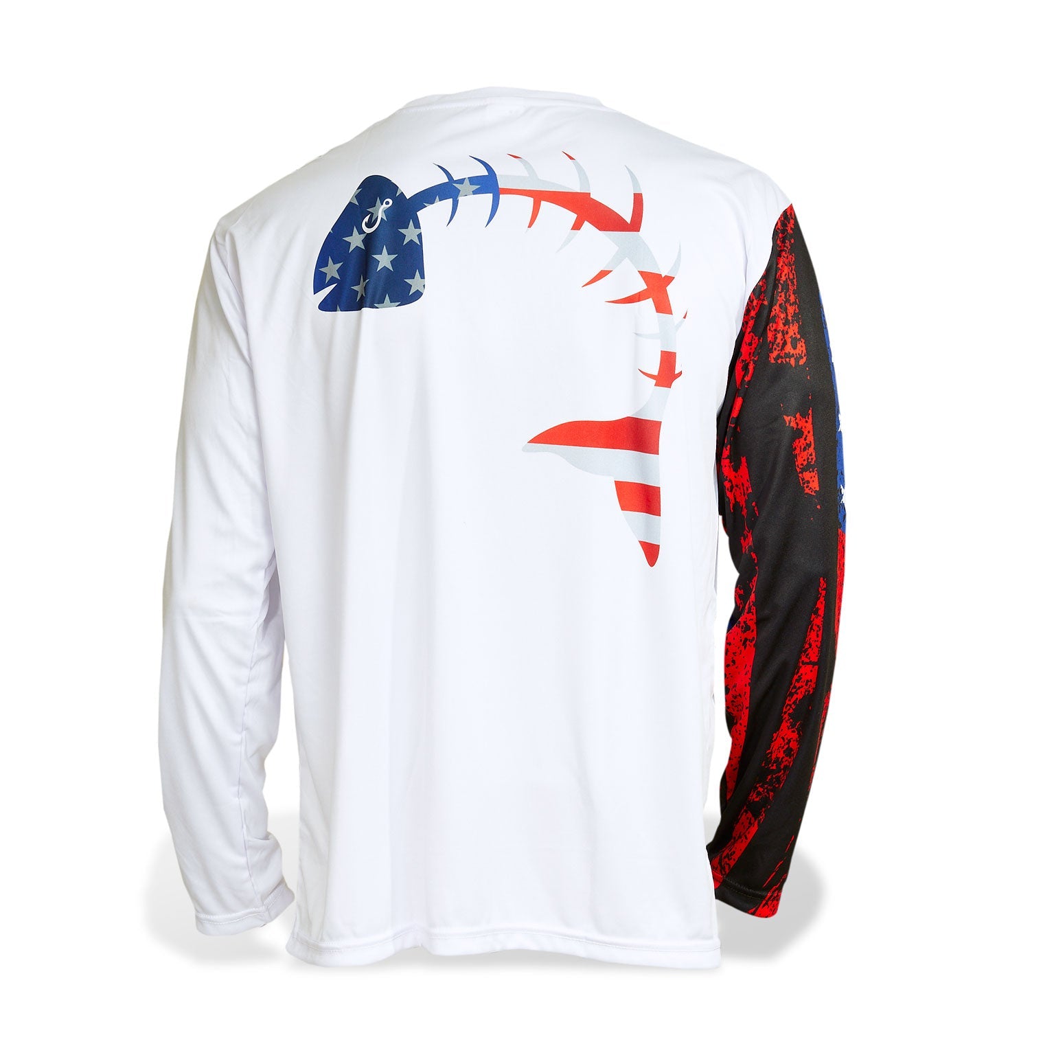 Dead Fish Hook patriotic flag fish bone print long sleeve performance fishing shirt back