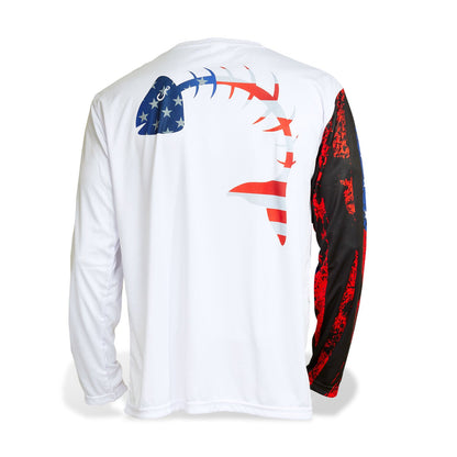 Dead Fish Hook patriotic flag fish bone print long sleeve performance fishing shirt back