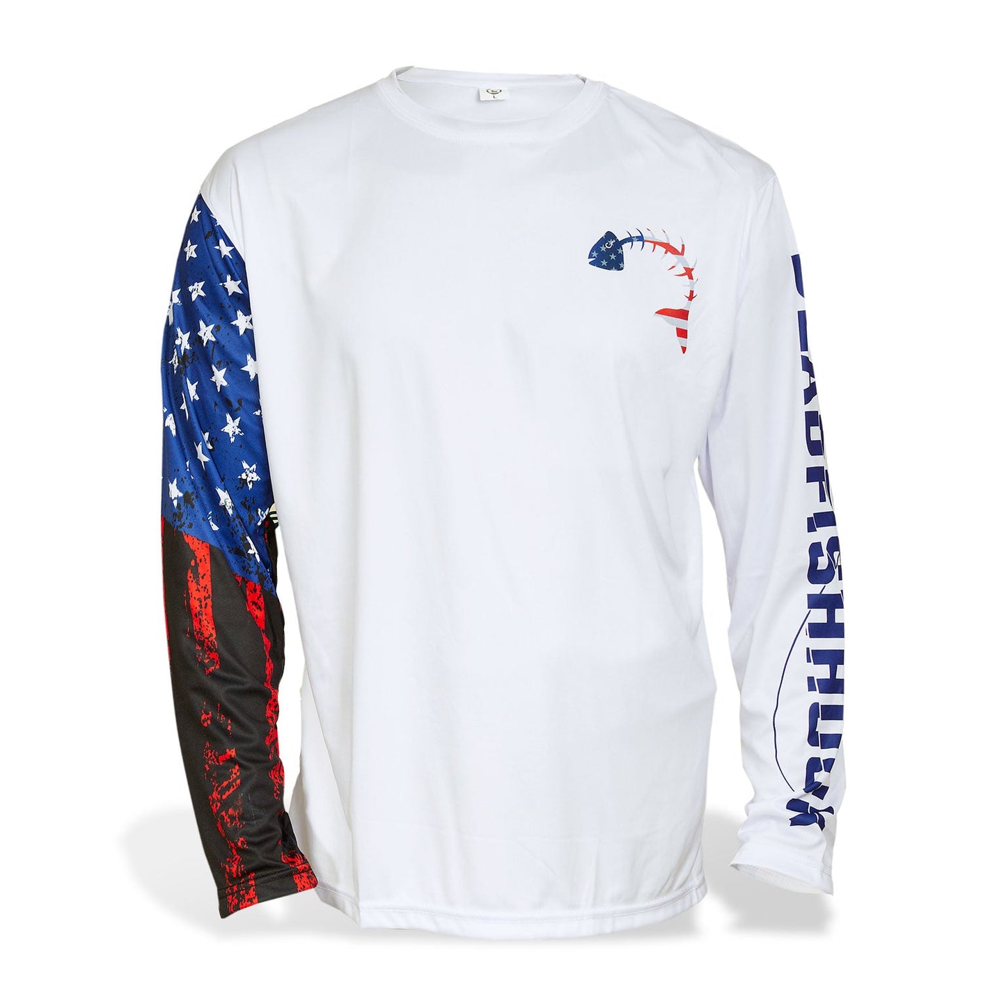 Dead Fish Hook patriotic flag fish bone print long sleeve performance fishing shirt front