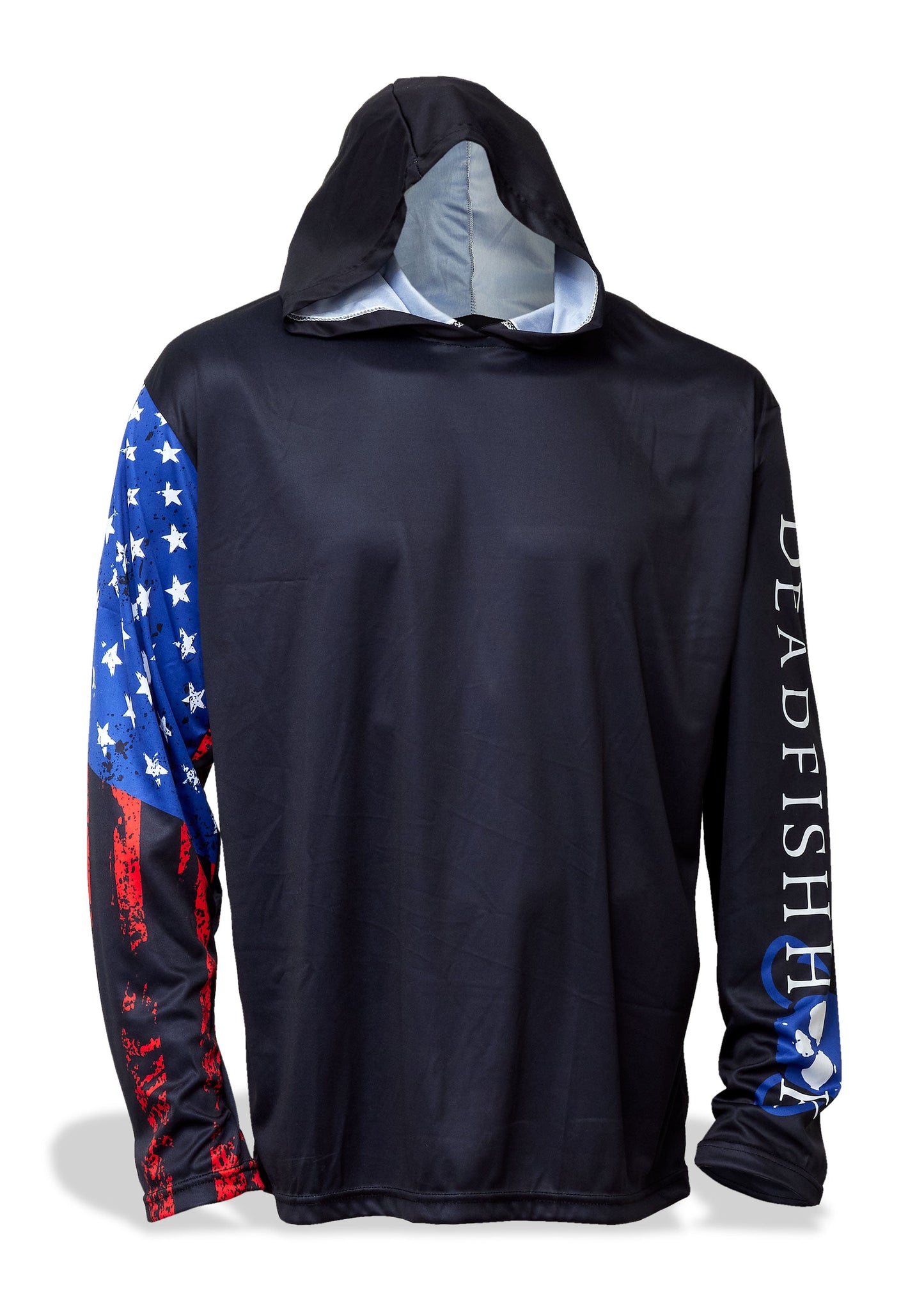 Dead Fish Hook patriotic long sleeve goodie in black front view