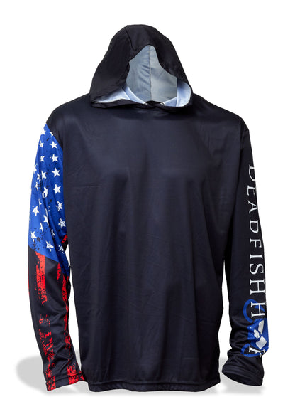 Dead Fish Hook patriotic long sleeve goodie in black front view