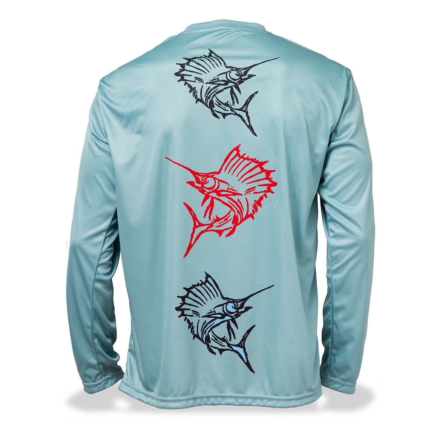 Dead Fish Hook long sleeve performance fishing shirt in aqua with logo down left arm and three Sailfish down center back - back view 