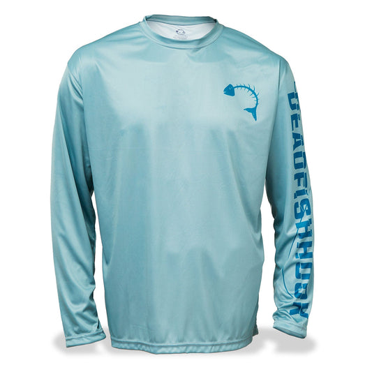 Dead Fish Hook long sleeve performance fishing shirt in aqua with logo down left arm front view 
