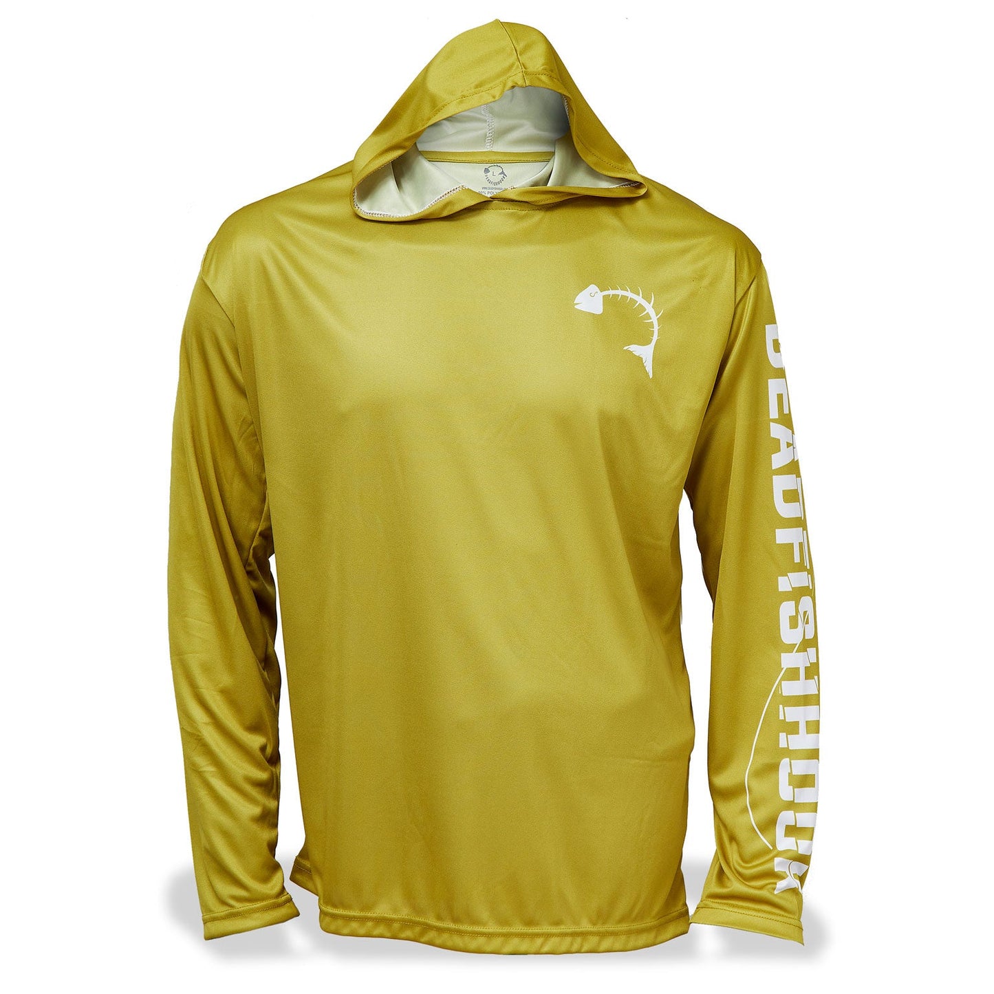Dead Fish Hook long sleeve hoodie performance fishing shirt for men in mustard yellow with fish bone logo - front view