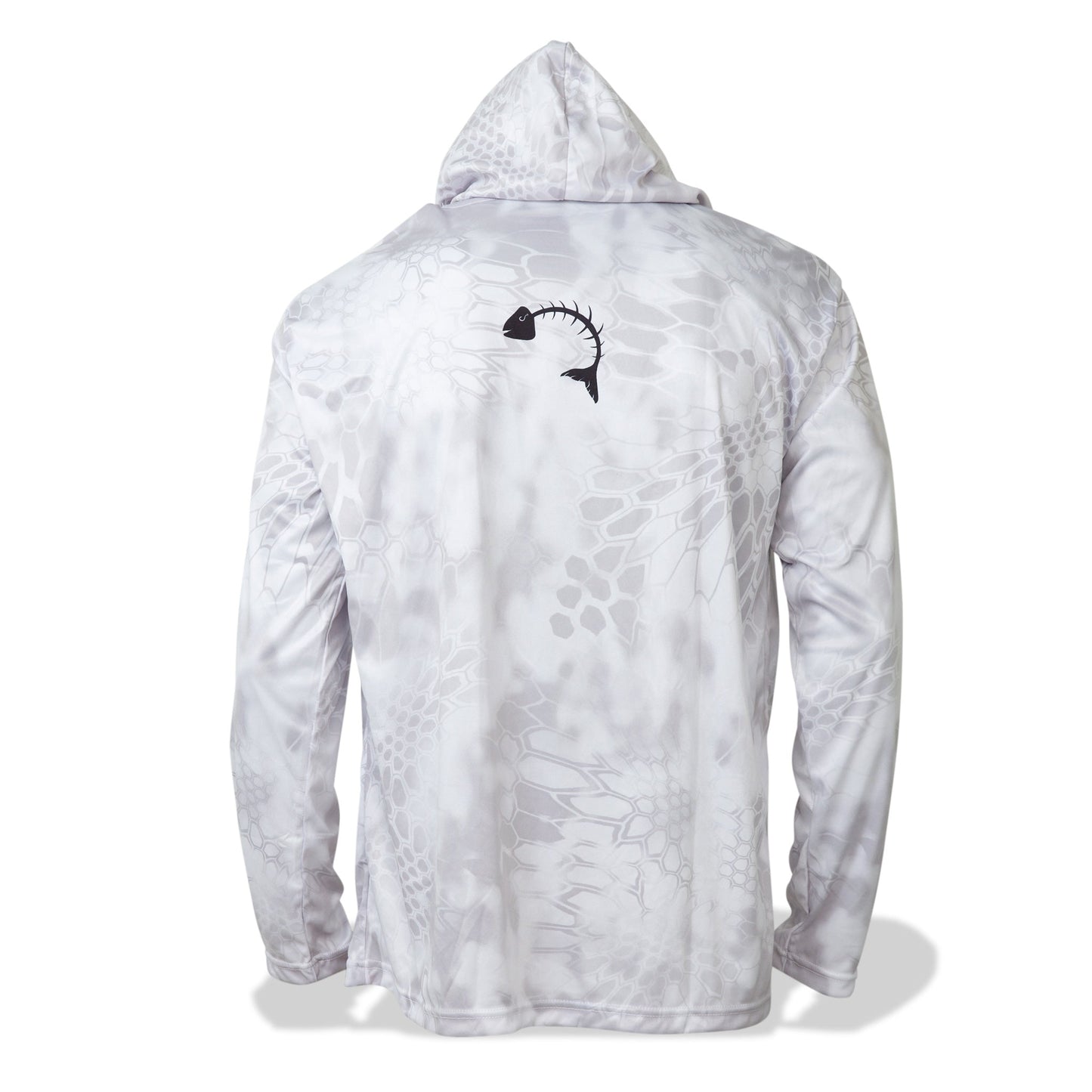 Dead Fish Hook long sleeve hoodie performance fishing shirt for men in white with fish scale print back view