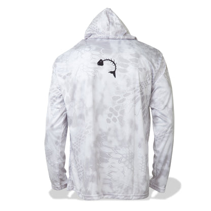 Dead Fish Hook long sleeve hoodie performance fishing shirt for men in white with fish scale print back view