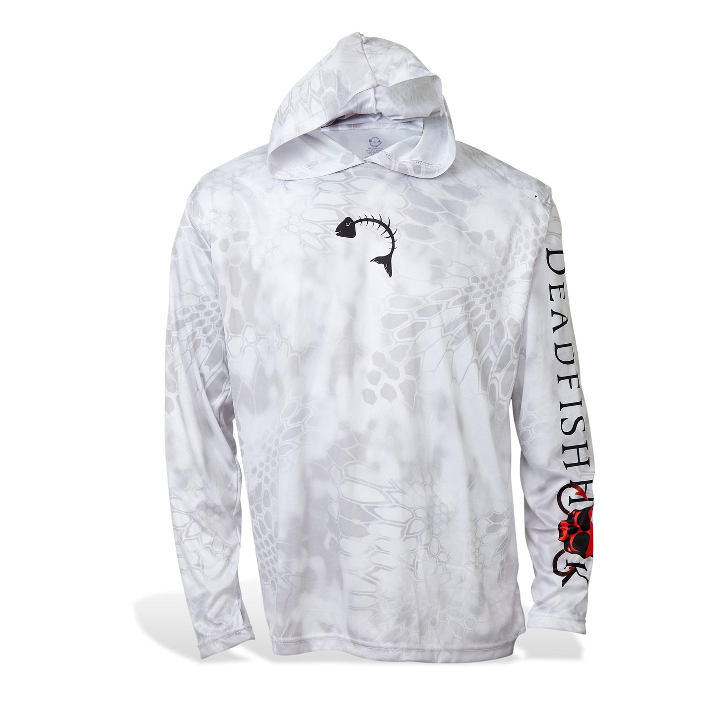 Dead Fish Hook long sleeve hoodie performance fishing shirt for men in white with fish scale print front view