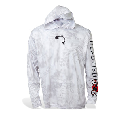 Dead Fish Hook long sleeve hoodie performance fishing shirt for men in white with fish scale print front view