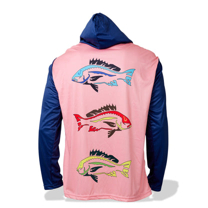 Dead Fish Hook long sleeve performance fishing shirt in blue and pink with colored fish print - back view