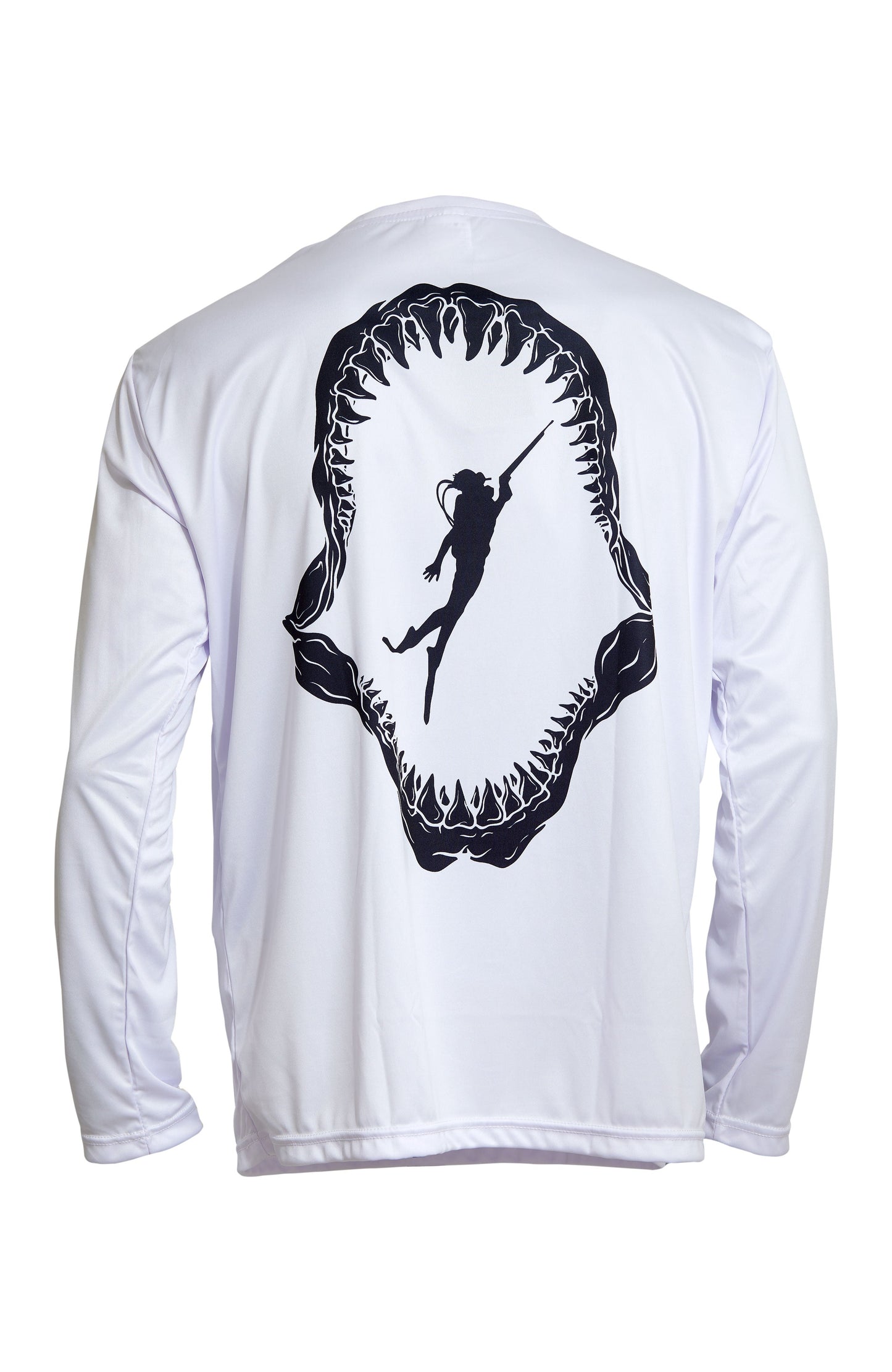 Dead Fish Hook white long sleeve performance fishing shirt with shark jaw and diver print  back view