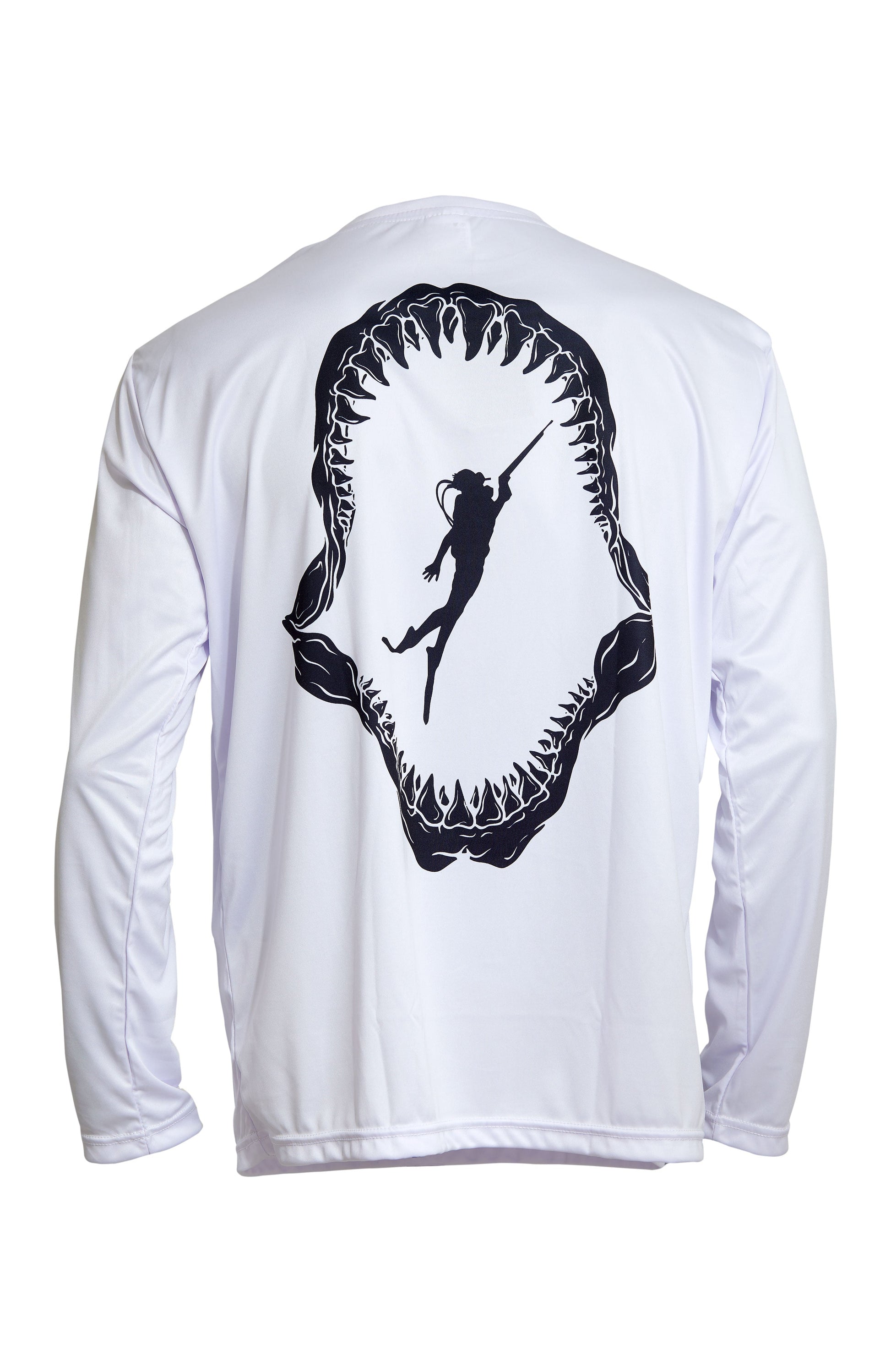 Dead Fish Hook white long sleeve performance fishing shirt with shark jaw and diver print  back view