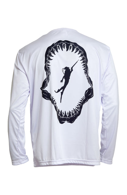 Dead Fish Hook white long sleeve performance fishing shirt with shark jaw and diver print  back view