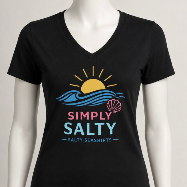 Black t-shirt with 'Simply Salty' design on a mannequin against a gray background