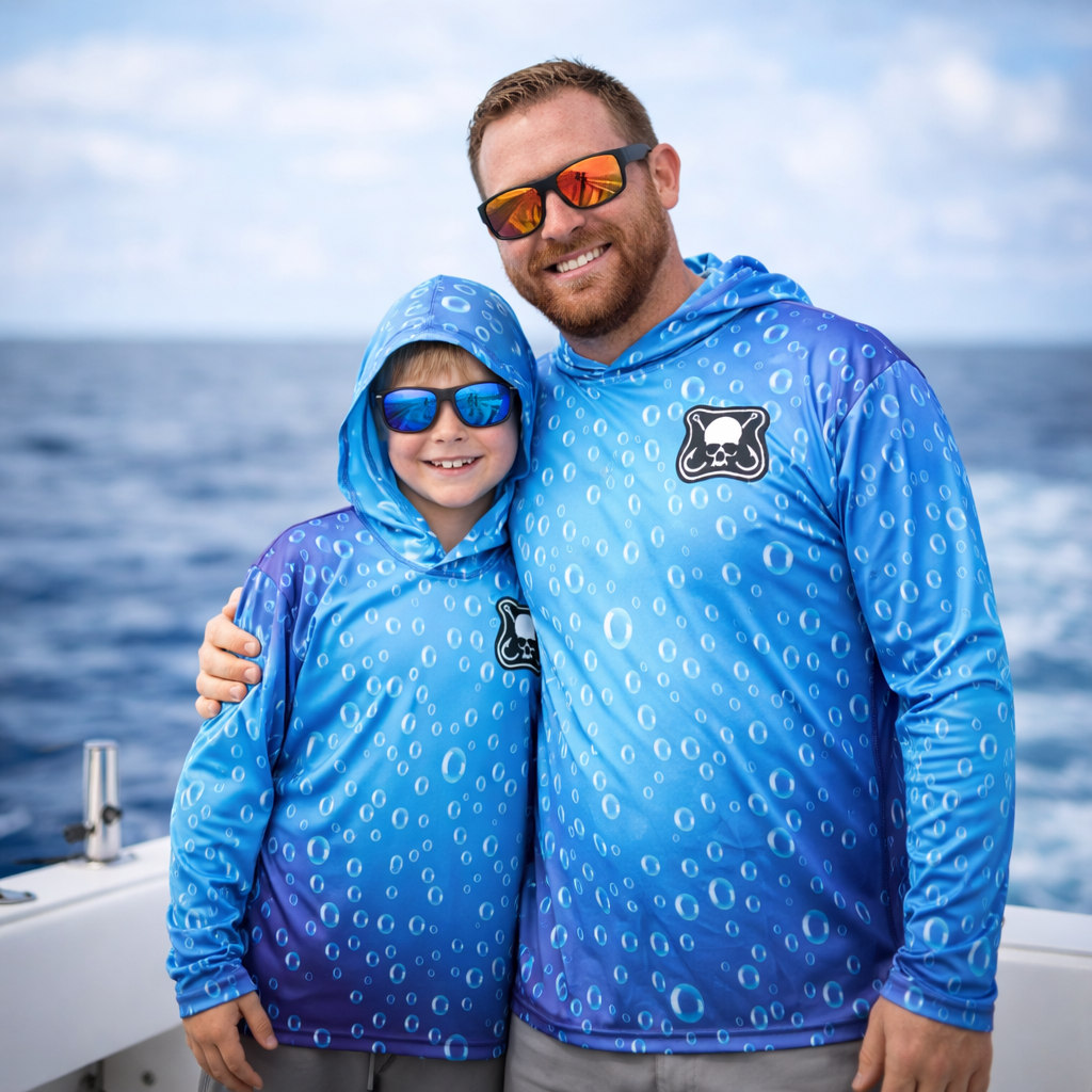 father and son wearing matching blue upf performance hoodies with a logo, standing on a boat with ocean in the background.